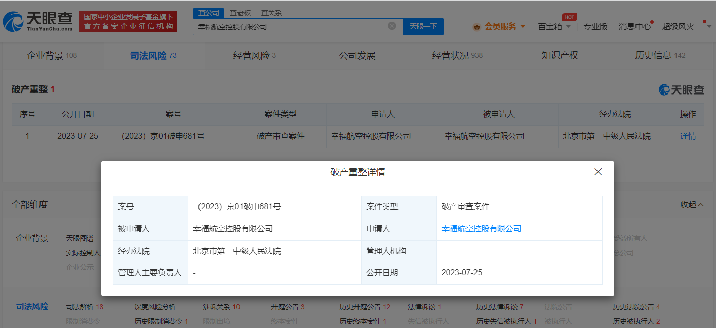 幸福航空控股申請破產審查